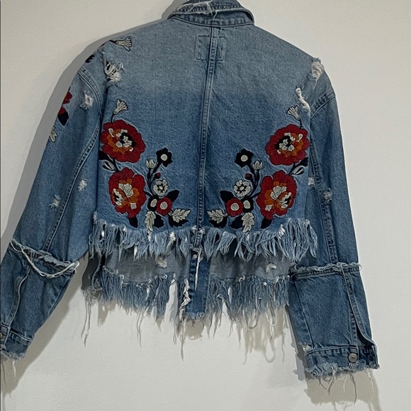 Zara Light Blue Distressed Denim Jacket with Red Floral Embroidery - Picture 3 of 7